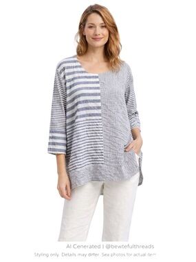Coastal Minimalist Seersucker Tunic Blue White Hi-Low Artsy Top M